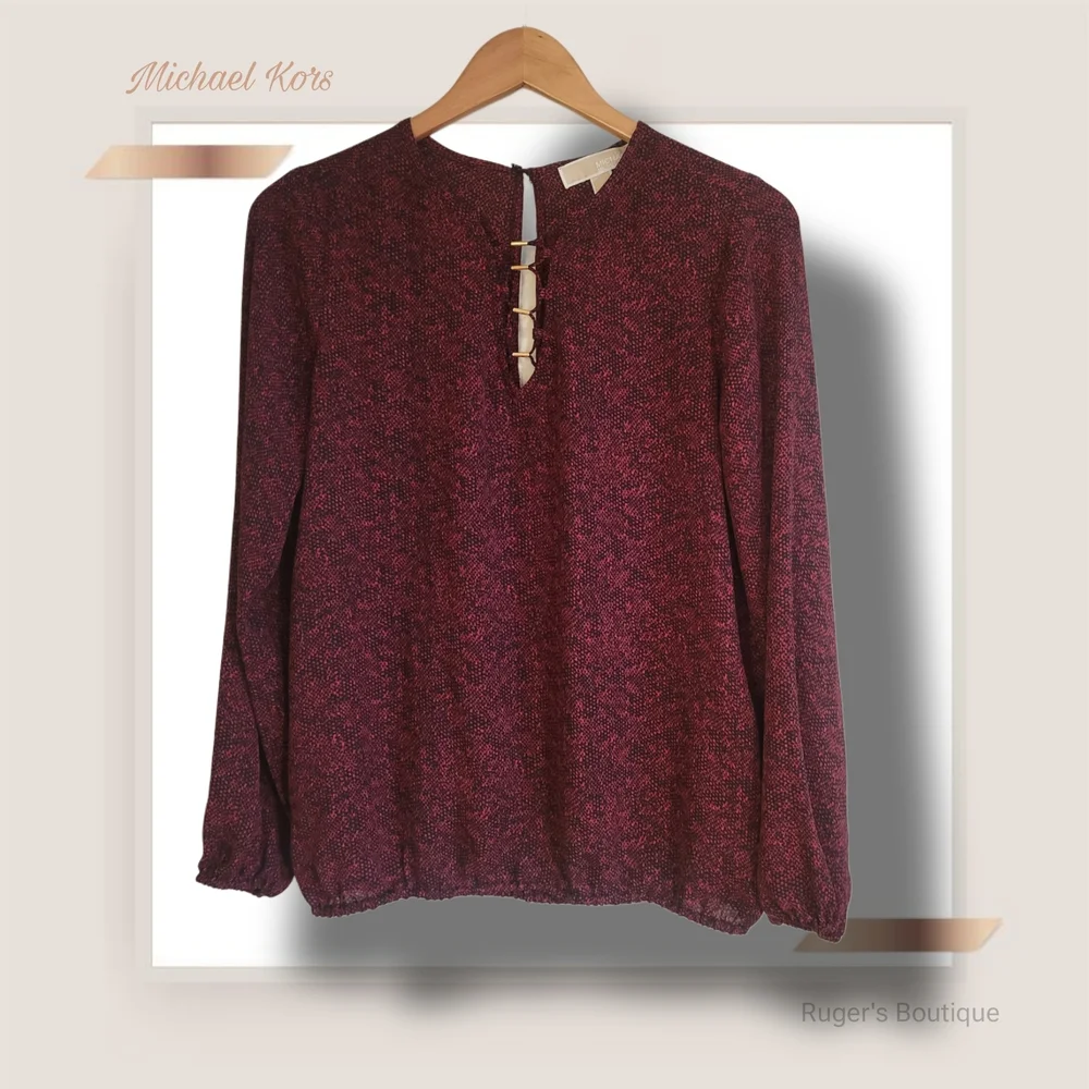 🌿-Michael Kors Small Burgundy Snakeskin Blouse Gold Hardware Keyhole Bodice